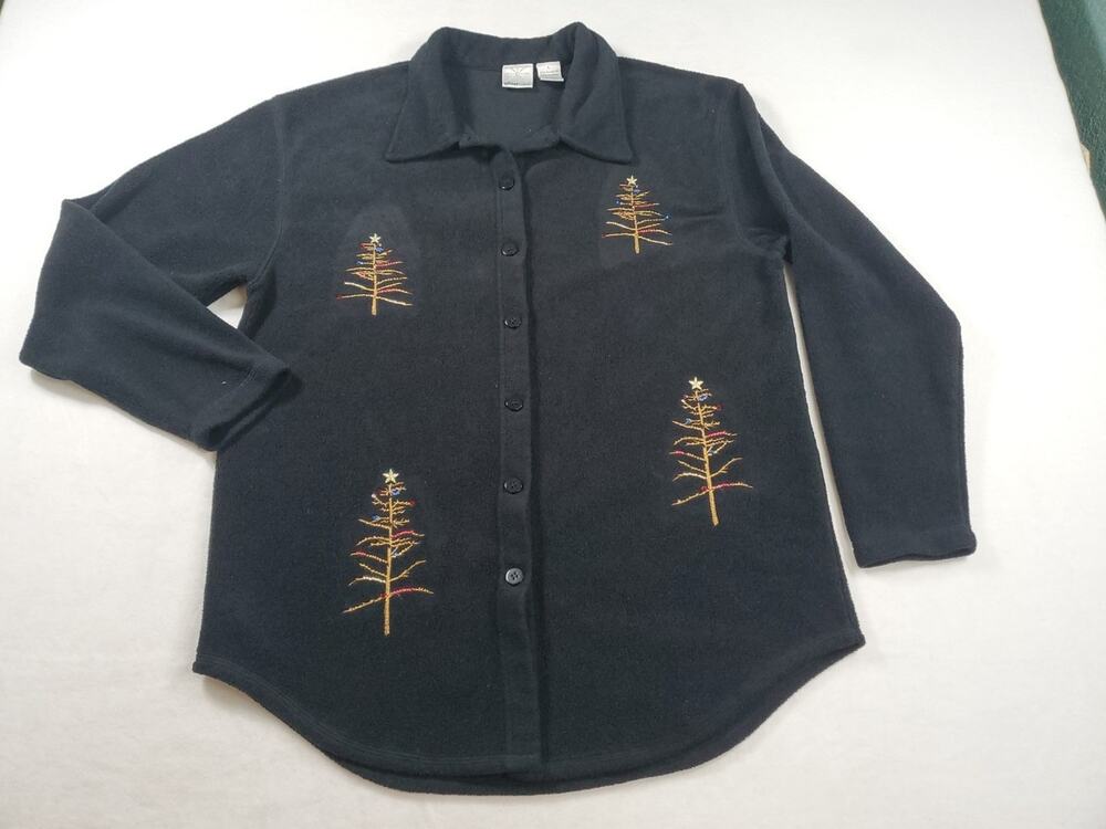 Glitter Wear Ugly Christmas Sweater Sz L Black Gold Stick Trees Beads